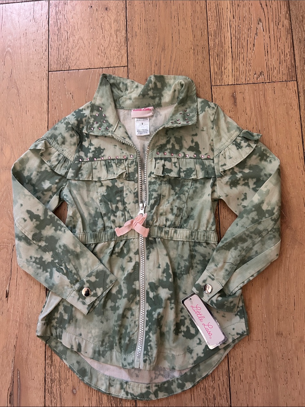 Little Lass Green Tie-Dye Utility Jacket with Pink Bow